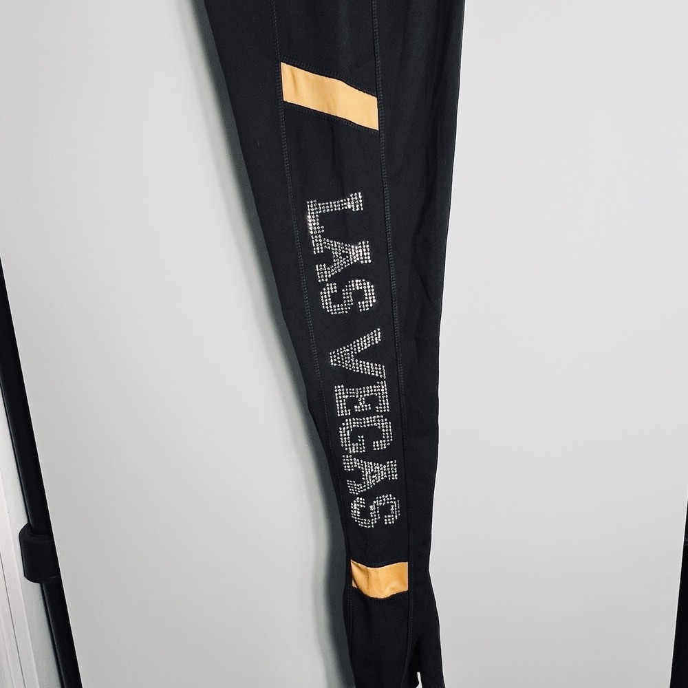 LYDAA Women's M‎ Black Las Vegas Rhinestone Leggings Yellow Accent NWT